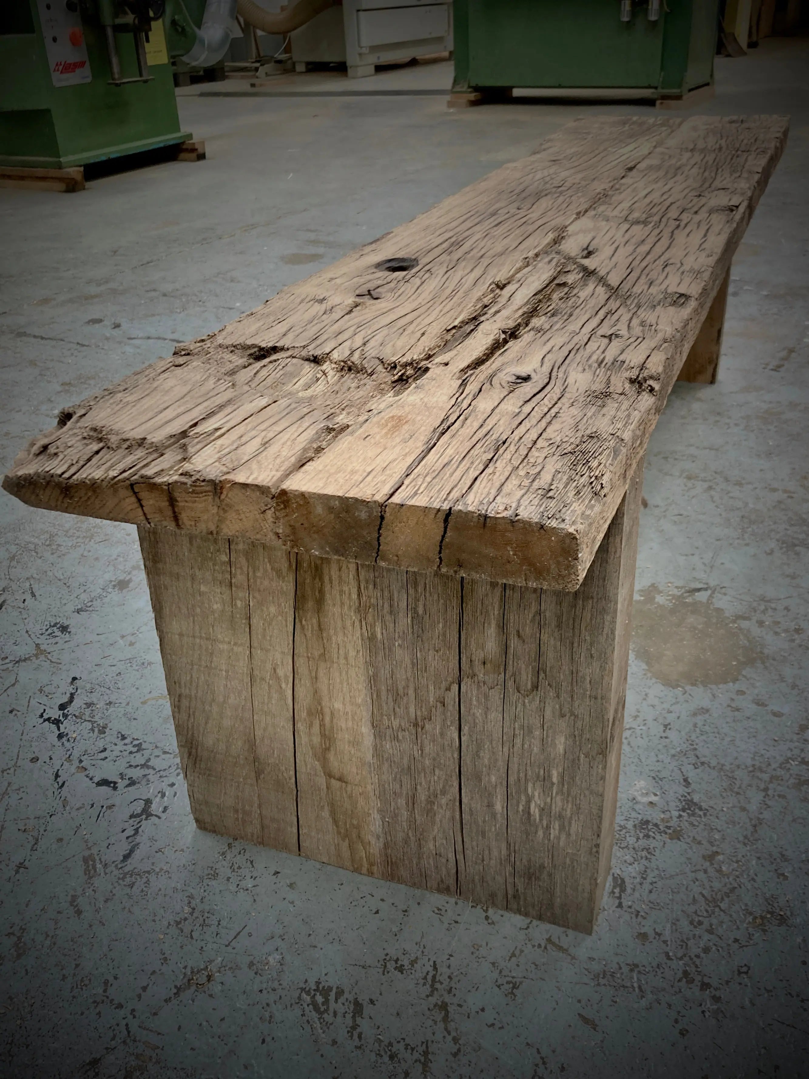 reclaimed oak bench close up