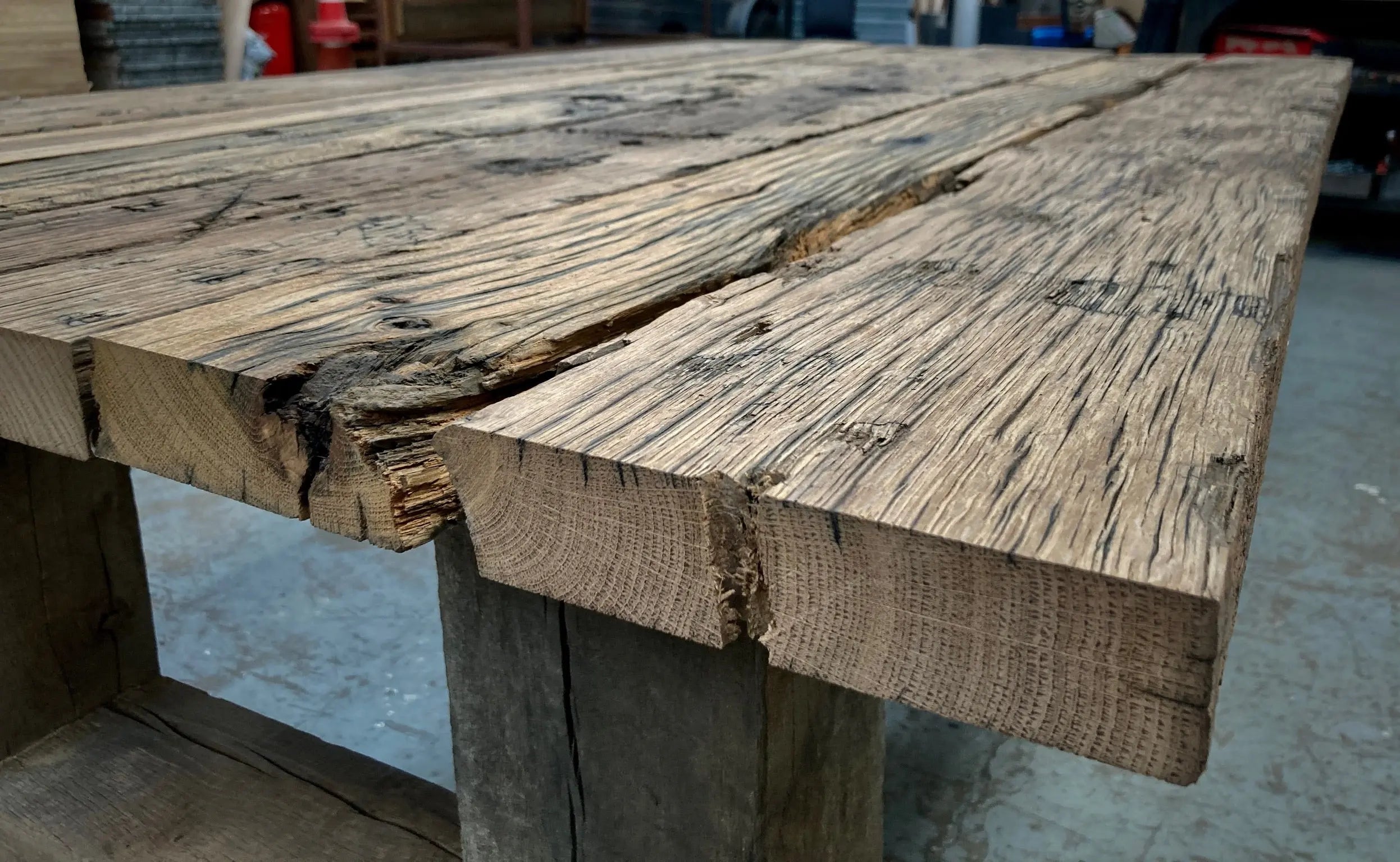 old oak wagon railway table end grain
