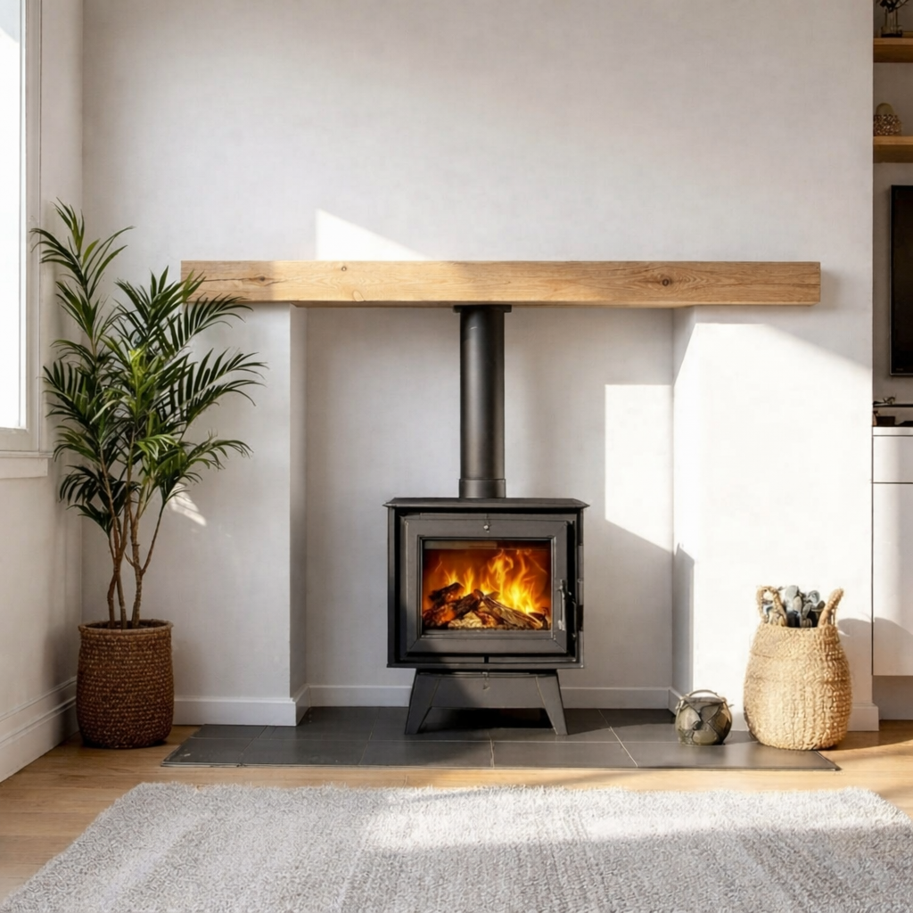 Wood-burning stove in a modern living room with a plant and decorative items, oak guys