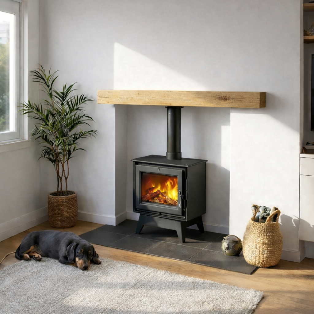 oak beam over wood burner dog shot, oak guys