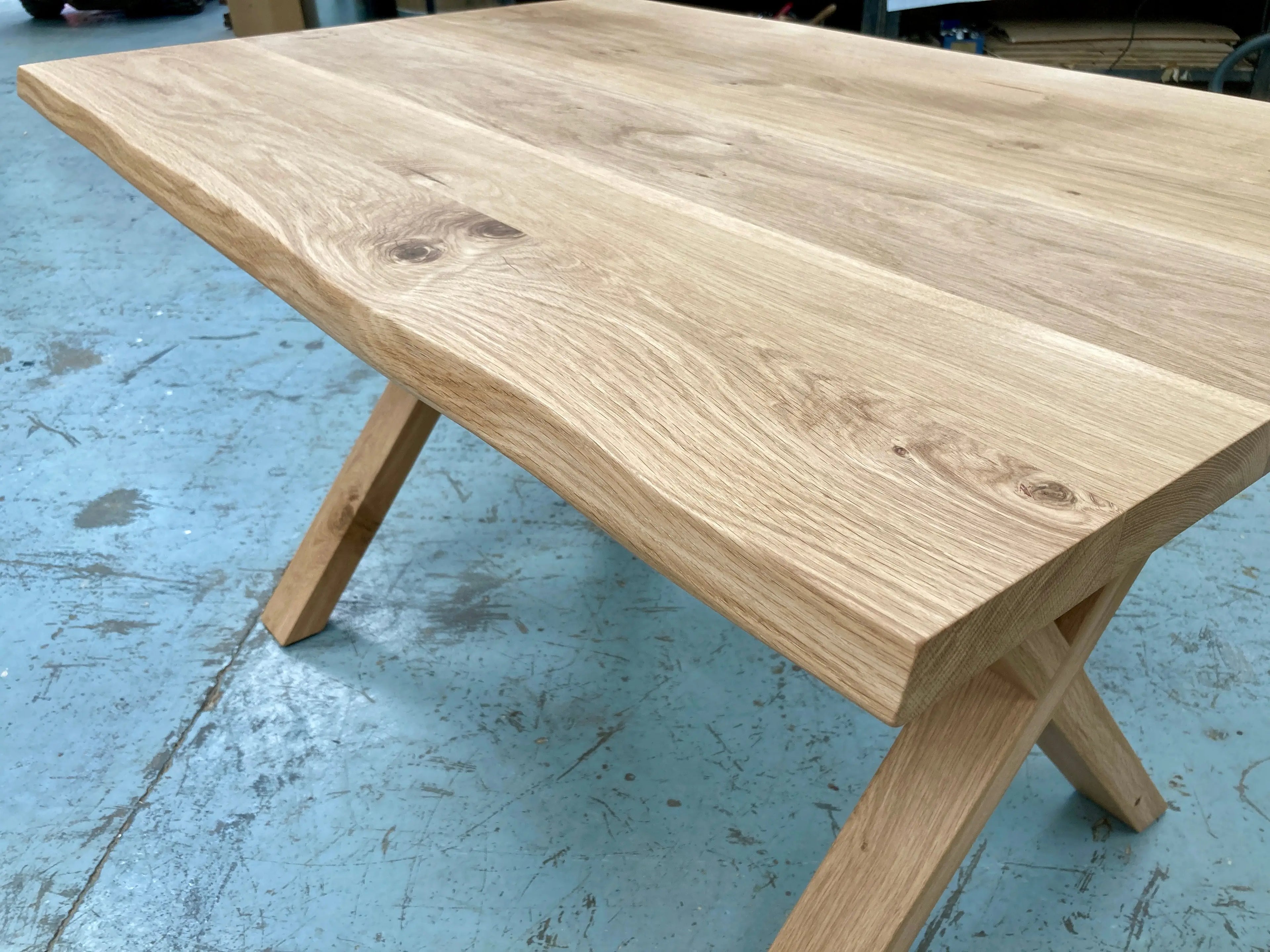Oak table top waney edge wooden legs