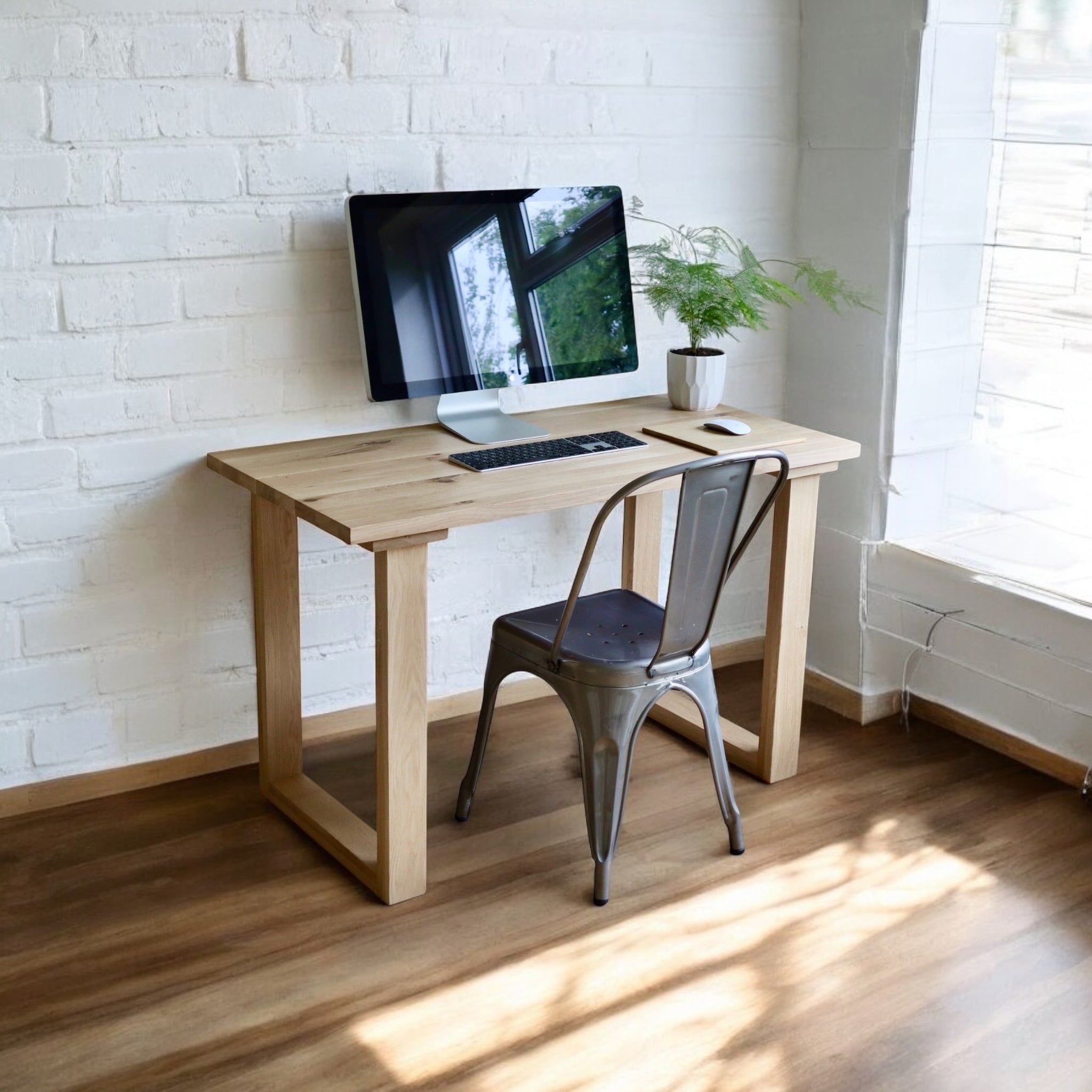 oak desk square legs - white brick wall