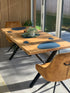 Oak dining table - black metal x legs - velvet chairs
