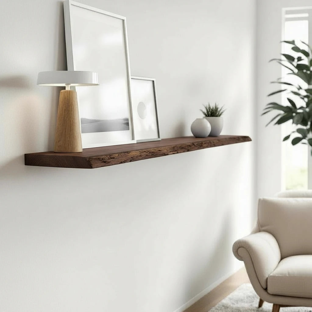 Wooden walnut shelf with a lamp and framed pictures on a white wall, with a beige armchair in the background.