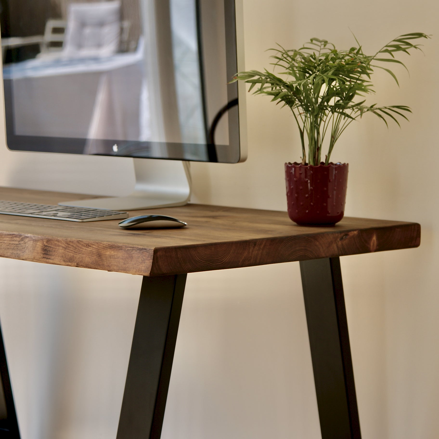 Wooden desk with computer monitor, keyboard, mouse, and potted plant.