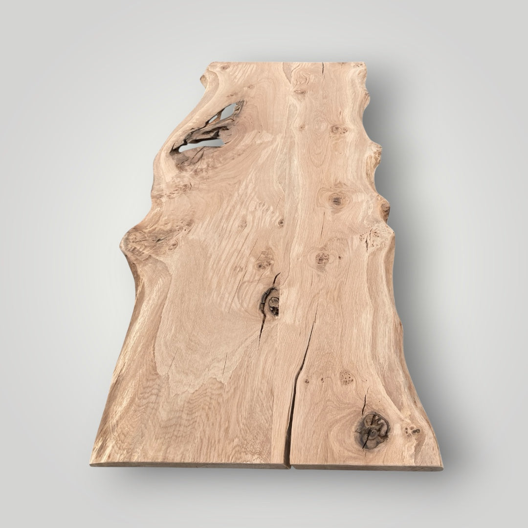 english oak table top on grey background natural grain with knots