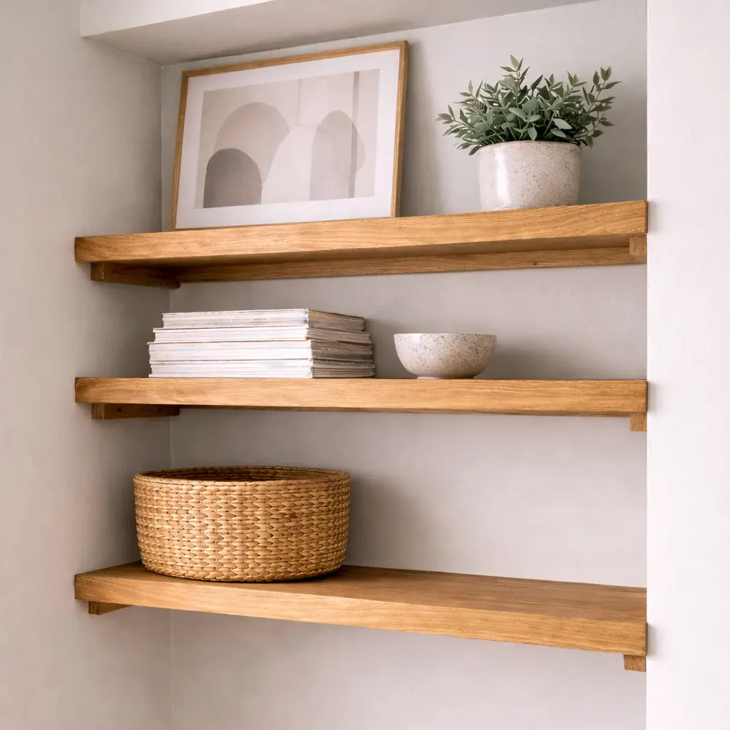 Wooden alcove shelves with decorative items against a light wall.