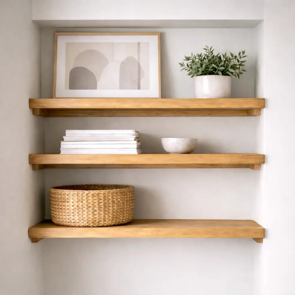 Wooden shelves with decorative items against a white wall