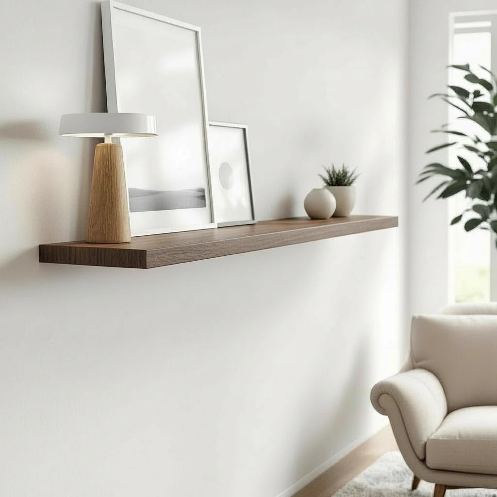 Modern living room with a walnut shelf, lamp, and plant against a white wall.